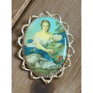 Vintage Oval Portrait Brooch With Gold-Tone Frame & Romantic Lady Scene
